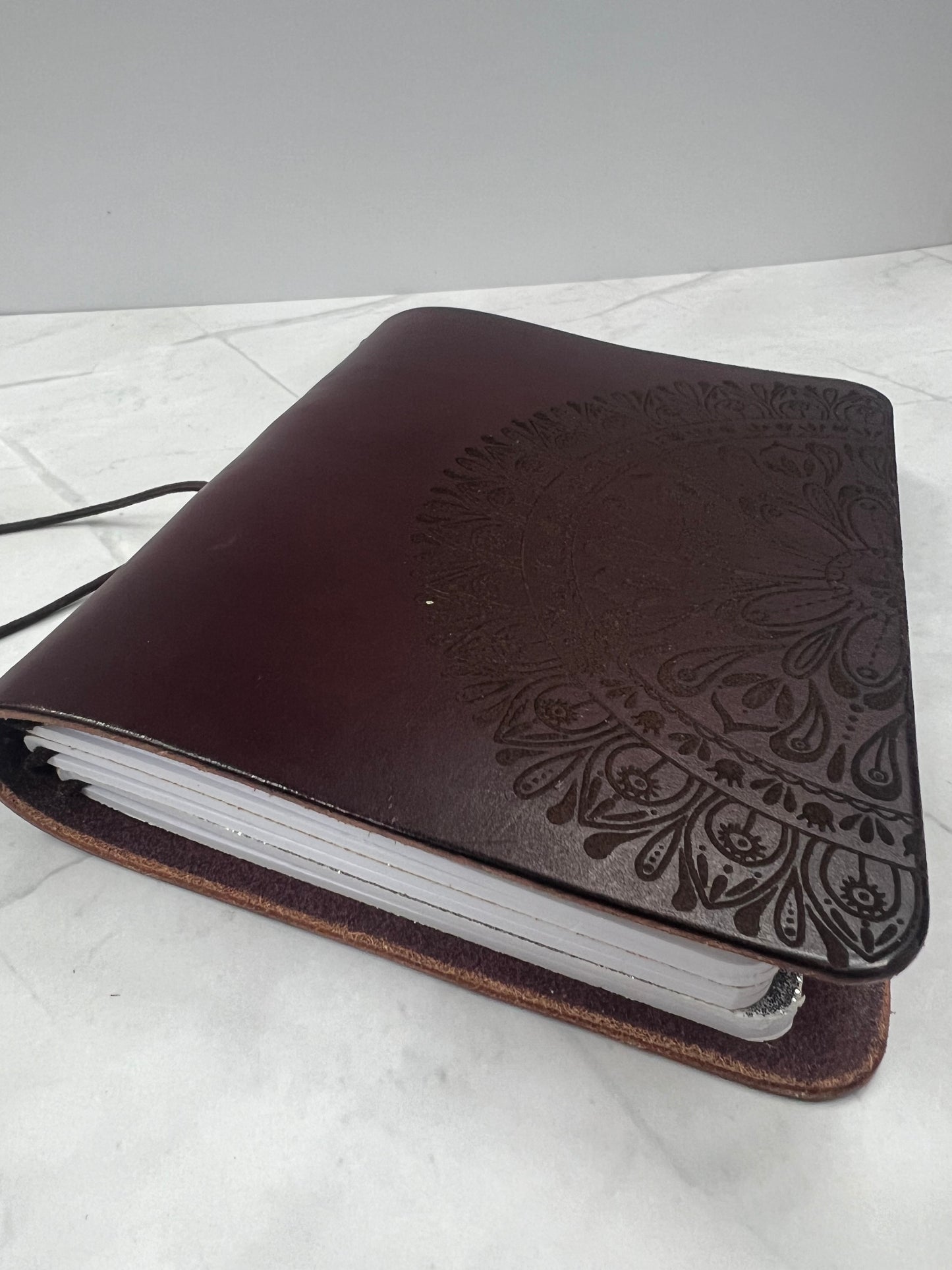 Ready to Ship, A6 Leather Traveler's Notebook, Travel Journal, 3 inserts INCLUDED, Engraved Mandala, Designs by Kenzie