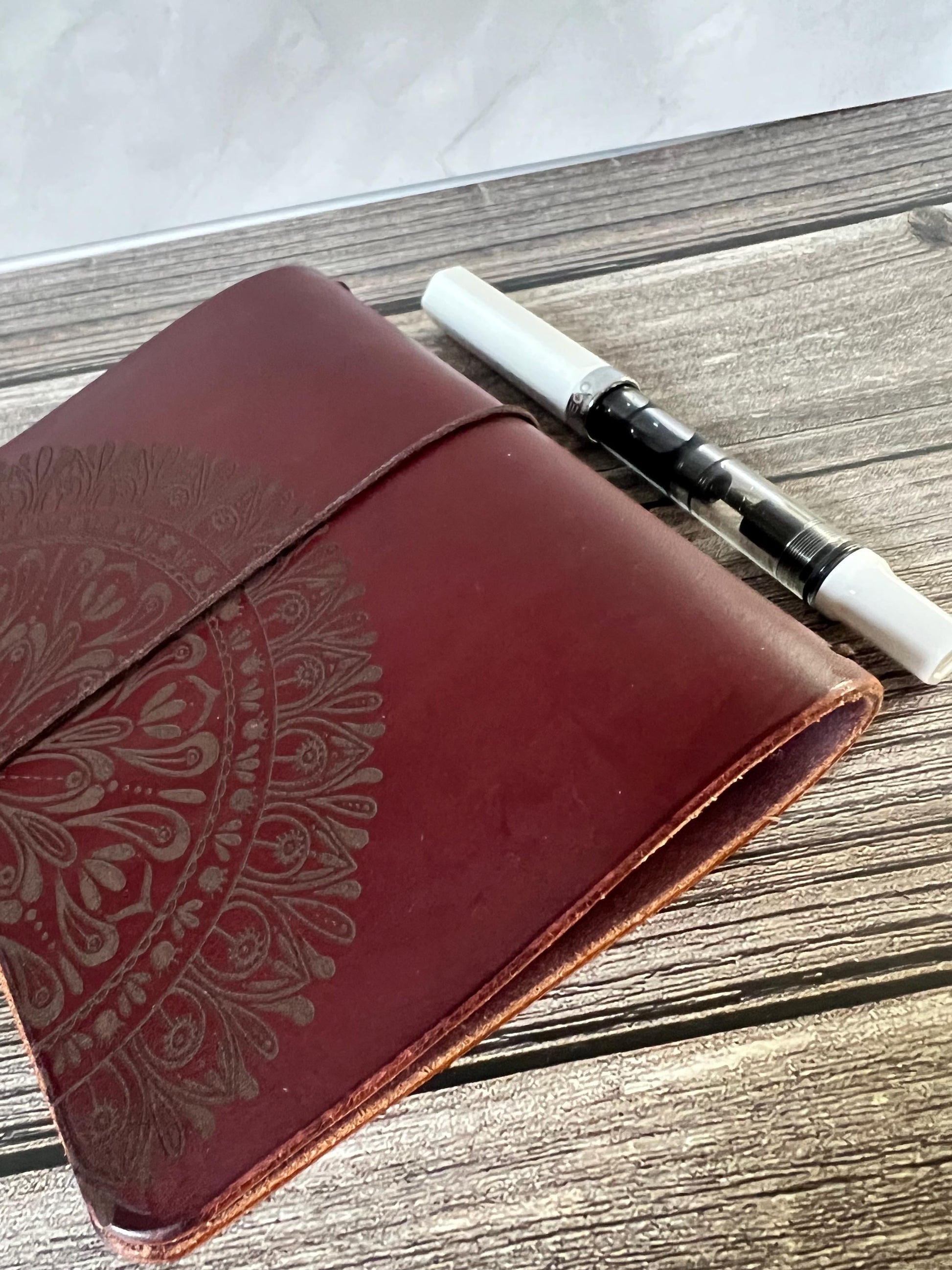 Ready to Ship, A6 Leather Traveler's Notebook, Travel Journal, Pocket Plus 1", Engraved Mandala, Designs by Kenzie