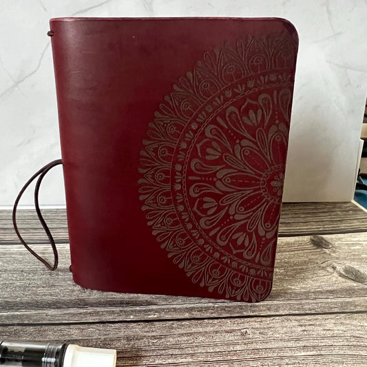 Ready to Ship, A6 Leather Traveler's Notebook, Travel Journal, Pocket Plus 1", Engraved Mandala, Designs by Kenzie