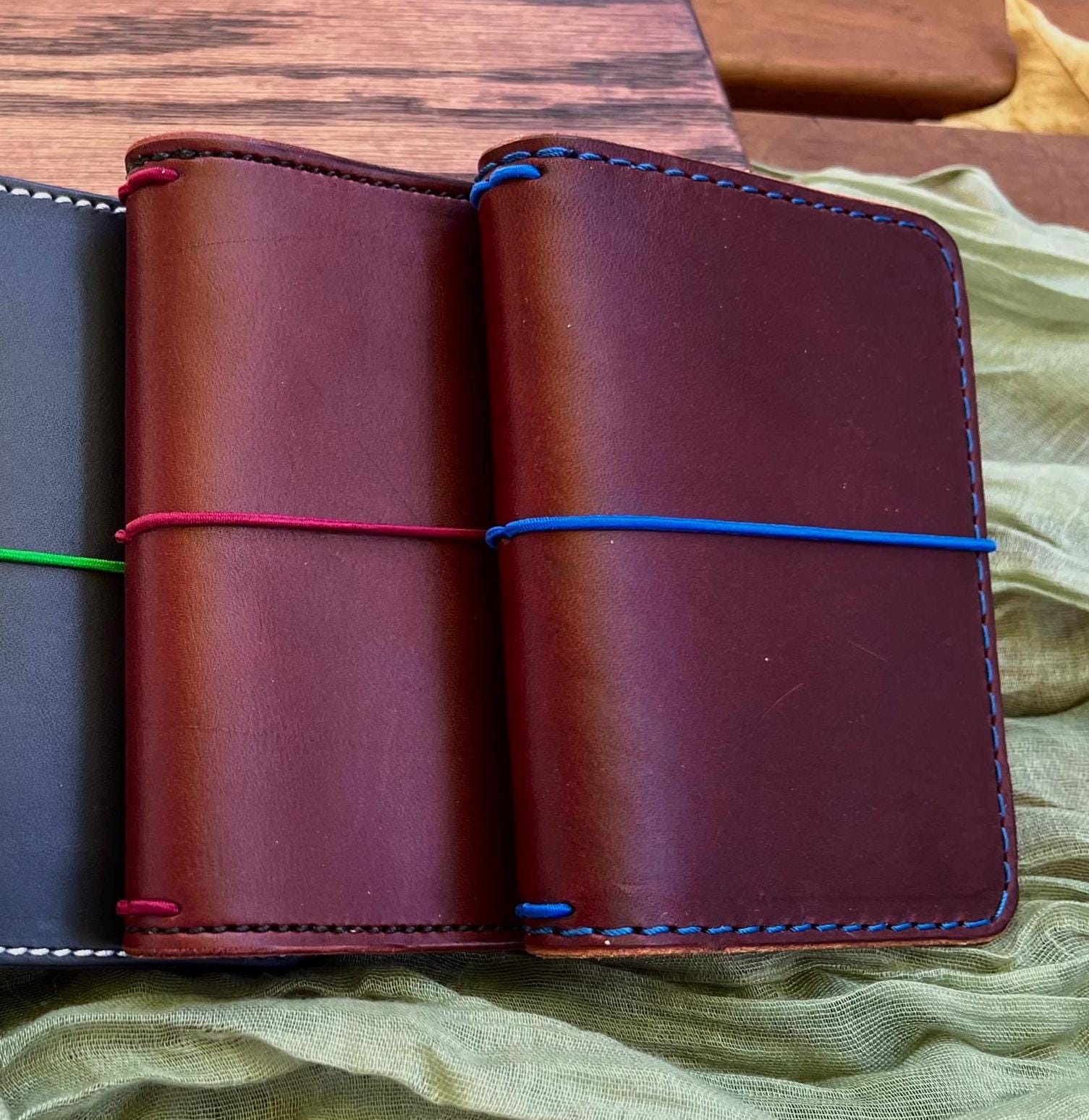 Ready-to-ship, PASSPORT Cover, Traveler's Notebook Burgandy Deluxe w Two Internal Pockets, Full-Grain Leather, 5-3/8"x8.5" (open flat)