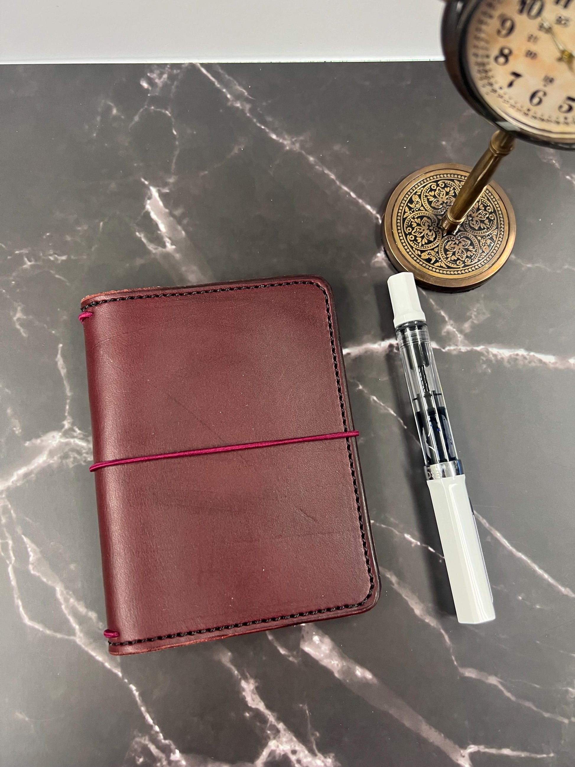 Ready-to-ship, PASSPORT Cover, Traveler's Notebook Burgandy Deluxe w Two Internal Pockets, Full-Grain Leather, 5-3/8"x8.5" (open flat)