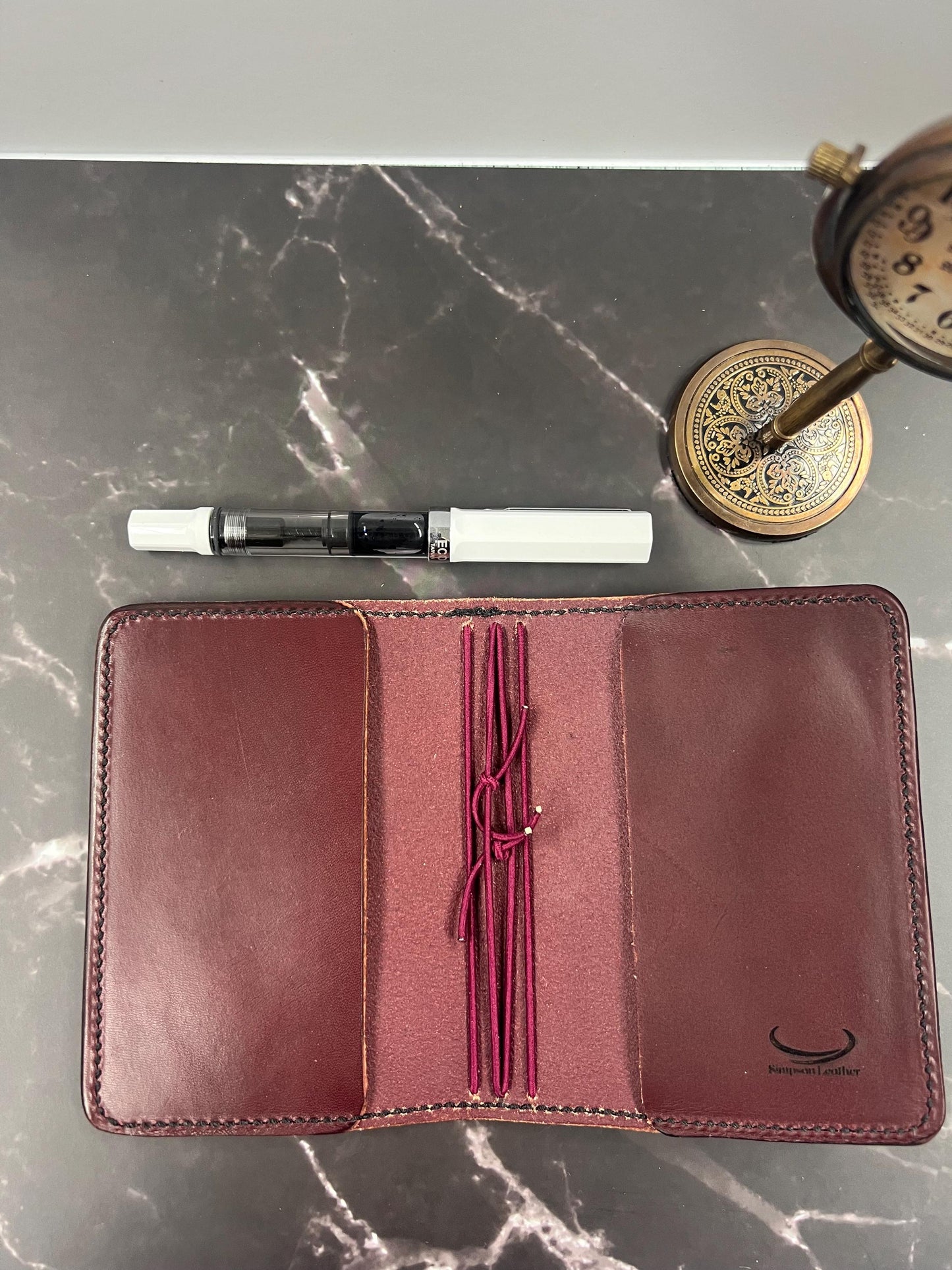 Ready-to-ship, PASSPORT Cover, Traveler's Notebook Burgandy Deluxe w Two Internal Pockets, Full-Grain Leather, 5-3/8"x8.5" (open flat)