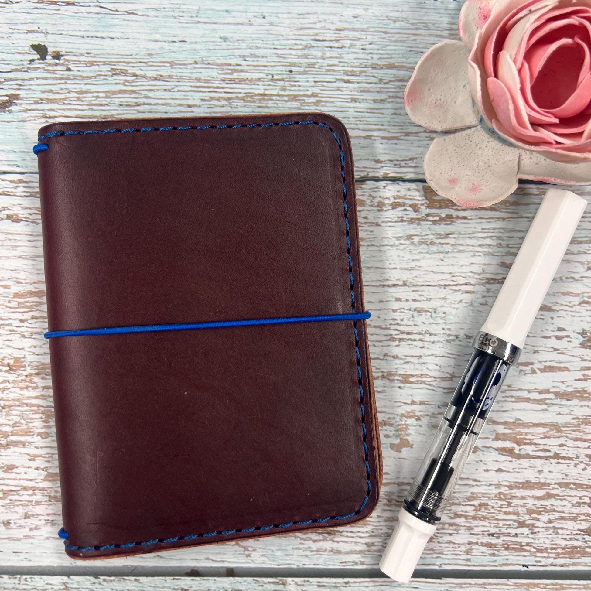 Ready-to-ship, PASSPORT Cover, Traveler's Notebook Burgandy Deluxe w Two Internal Pockets, Full-Grain Leather, 5-3/8"x8.5" (open flat)