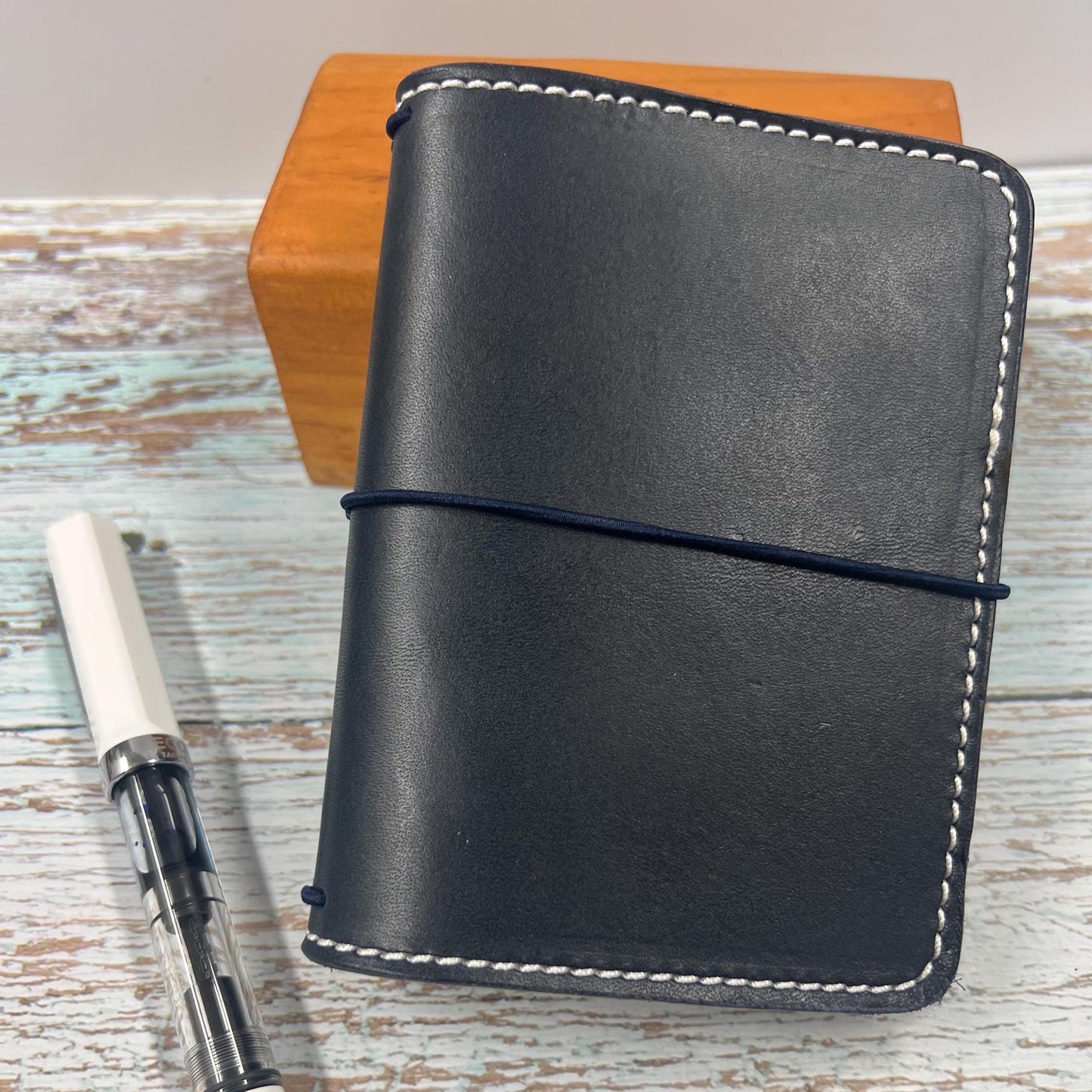 Ready-to-ship, PASSPORT Cover, Traveler's Notebook Navy Deluxe with Brown internal pockets, Full-Grain Leather, 5-3/8"x8.5" (open flat)