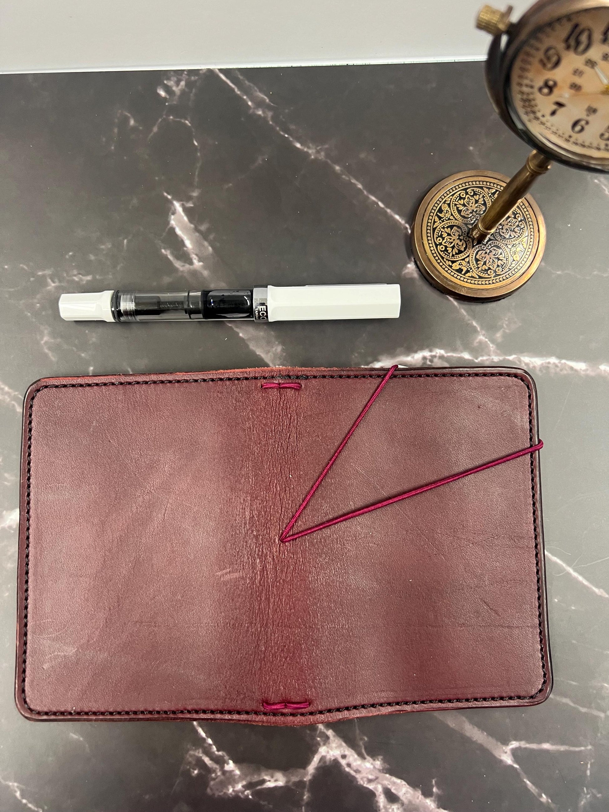 Ready-to-ship, PASSPORT Cover, Traveler's Notebook Burgandy Deluxe w Two Internal Pockets, Full-Grain Leather, 5-3/8"x8.5" (open flat)